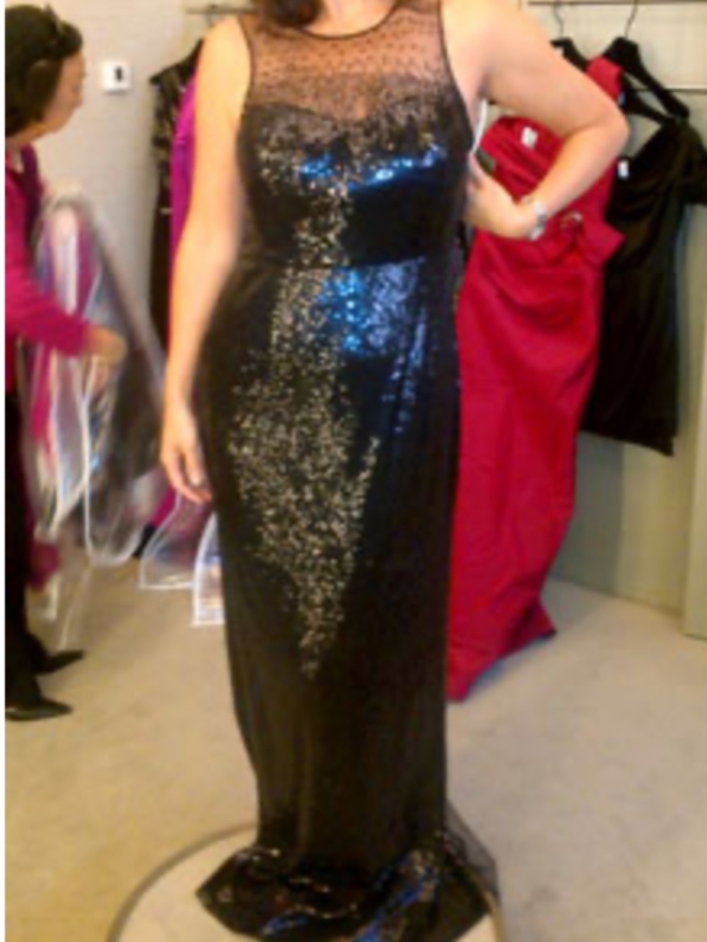 ML Monique Lhuillier Black Sequin Mesh Formal Maxi Gown
